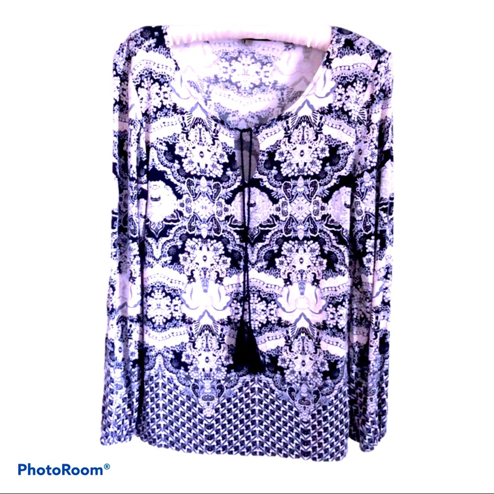 Boho Hippie Black and White Geometric Tassel Top M - Picture 1 of 6